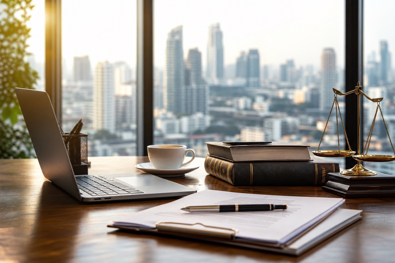 An office desk with legal documents and a pen.